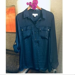 MICHAEL KORS DARK NAVY BLUE SATIN BLOUSE.